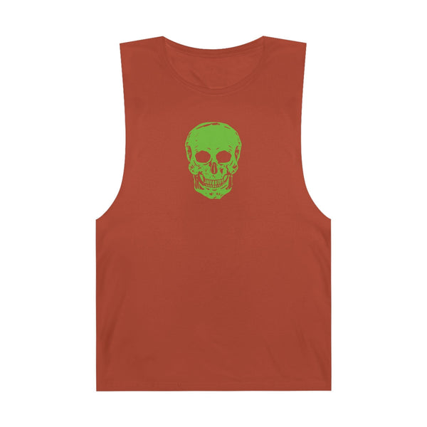 Rust-colored goth skull tank top with bold green skull graphic, edgy muscle tee for alternative streetwear