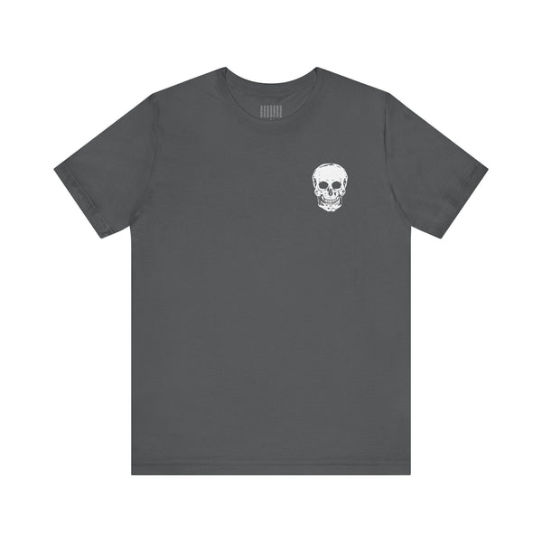 black graphic tee with white mini skull on front and large skull graphic back print