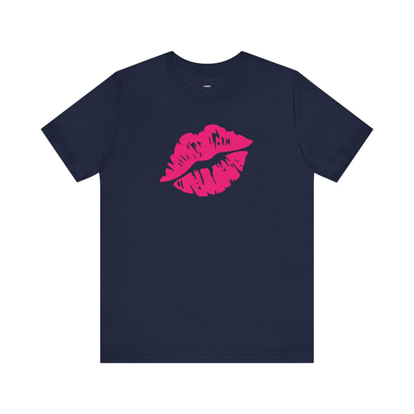 Navy unisex t-shirt with bold hot pink lip print graphic front design