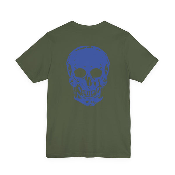 Olive green graphic tee with jumbo blue skull design on the back, made from soft cotton.