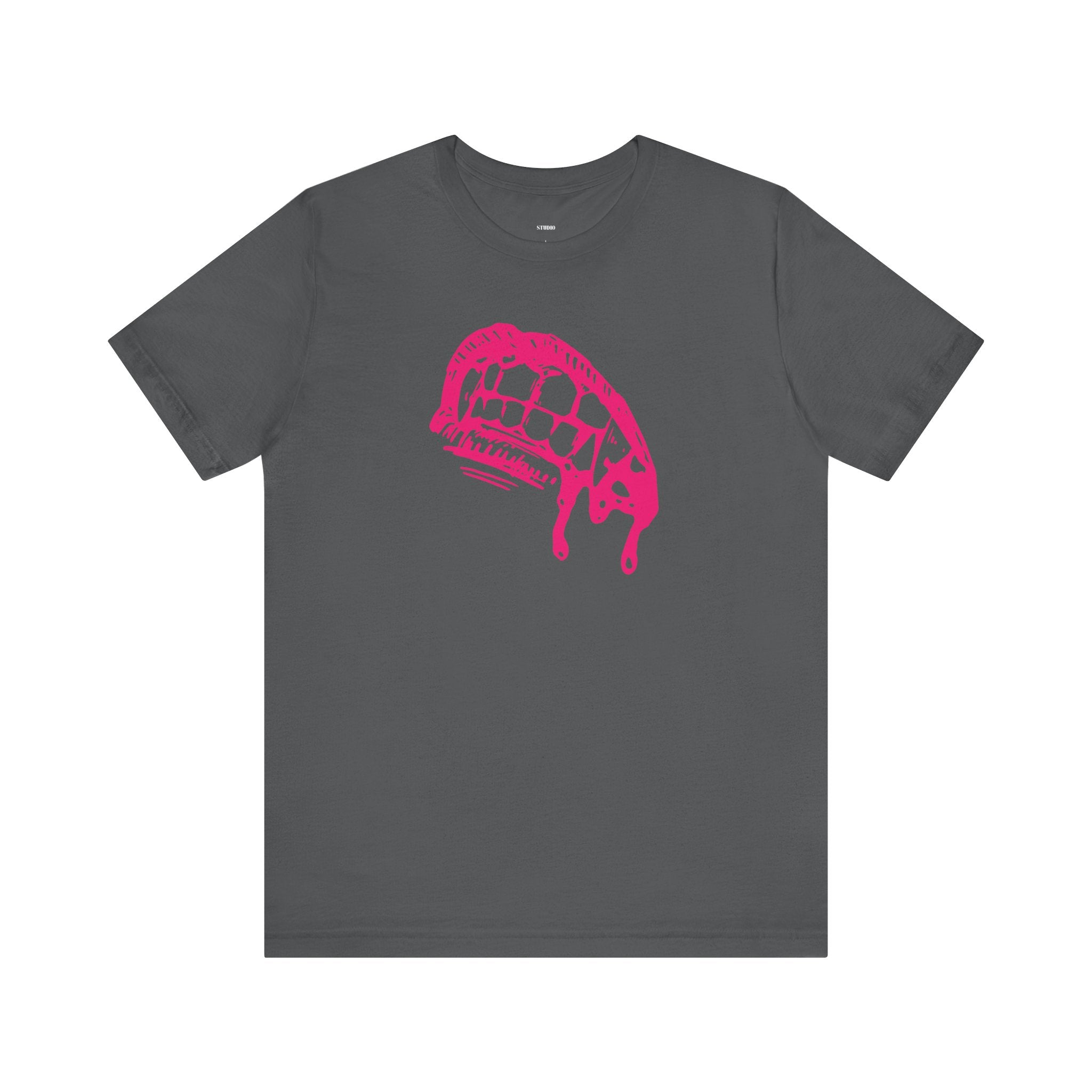 Dark gray vampire t shirt with pink dripping fang graphic, 100% cotton crew neck tee for gothic fashion fans