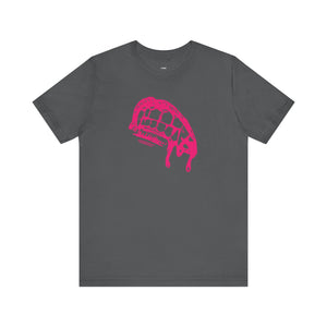 Dark gray vampire t shirt with pink dripping fang graphic, 100% cotton crew neck tee for gothic fashion fans