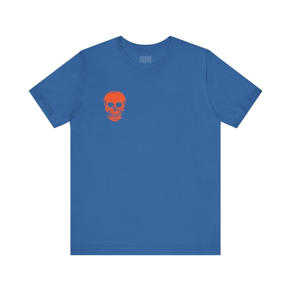 Orange Jumbo Skull Back Print featuring a Mini Orange Skull left Front Graphic Tee