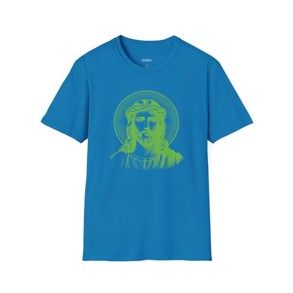 Blue spiritual shirt with green halo Jesus front print graphic tee