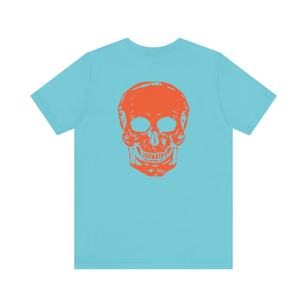 Blue t-shirt with large orange skull graphic on back and small orange skull on front, cool skull shirts design.