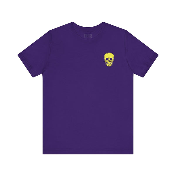 Purple streetwear tee shirt with small yellow skull graphic on left chest