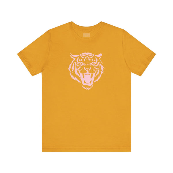 yellow aesthetic t shirt with pink roaring tiger head graphic and short sleeves
