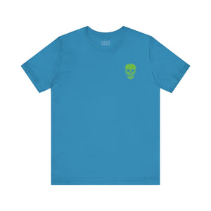 blue streetwear t shirt with small green skull graphic on chest by Sandra Oles