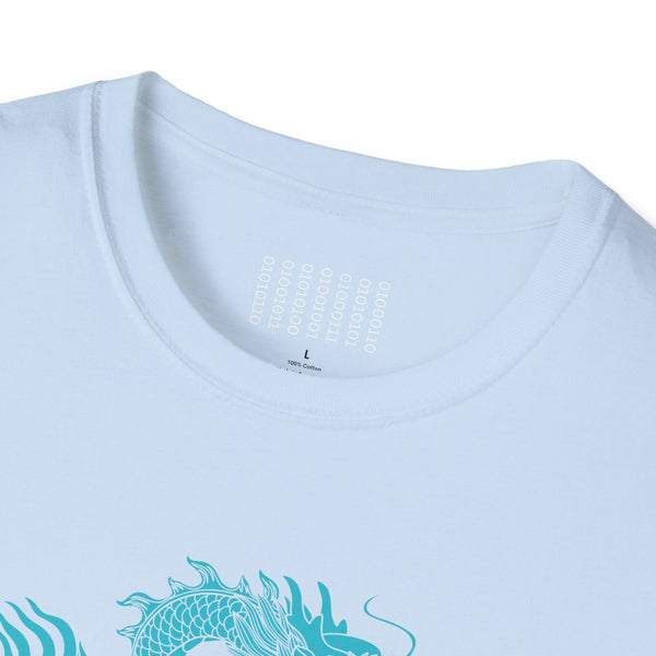 white t-shirt with turquoise dragon graphic and crew neck collar dragon t shirt