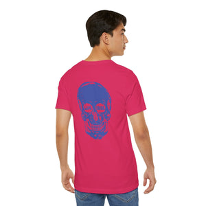 Man wearing a red Fugitive Tees graphic tee with large blue skull and "Live Free" text on back