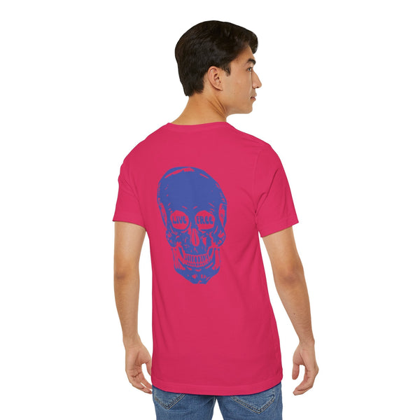 Man wearing a red Fugitive Tees graphic tee with large blue skull and "Live Free" text on back