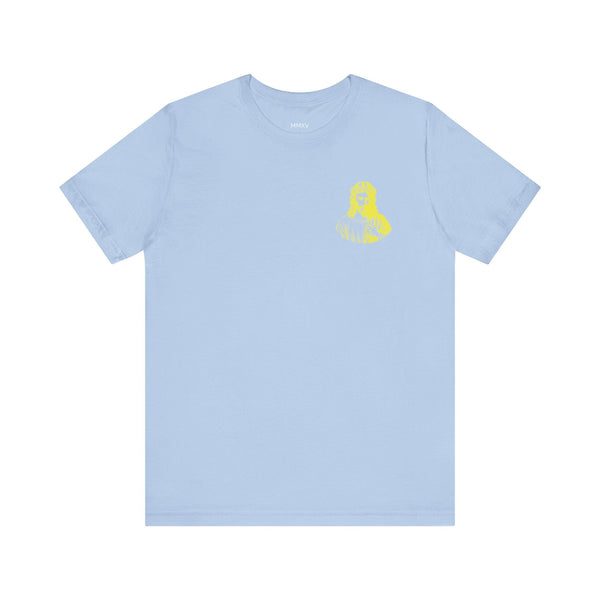 Light blue t-shirt with mini yellow Jesus graphic on front left chest, Christian streetwear style