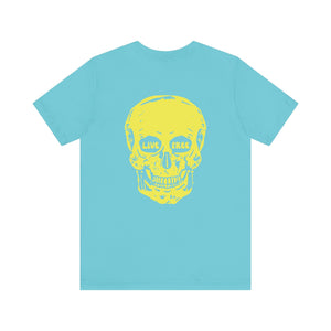 Light blue indie style tee with jumbo yellow skull back print featuring "LIVE FREE" text in the eyes