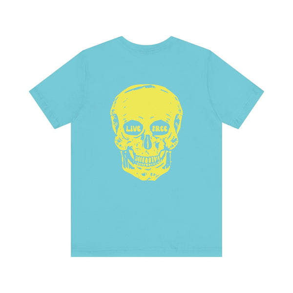 Light blue indie style tee with jumbo yellow skull back print featuring "LIVE FREE" text in the eyes
