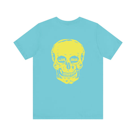 Light blue indie style tee with jumbo yellow skull back print featuring "LIVE FREE" text in the eyes