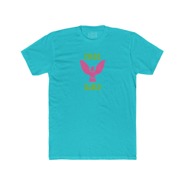 Turquoise Free Bird graphic tee with pink bird and retro yellow lettering, 100% cotton unisex shirt