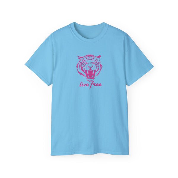 blue tee with pink roaring tiger head and live free slogan statement tees