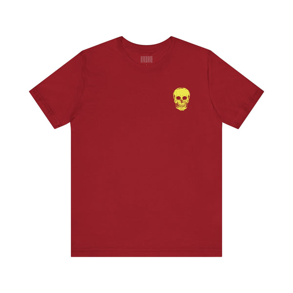 Red streetwear tee shirt with small yellow skull graphic on left chest, unisex cotton mini skull tee.