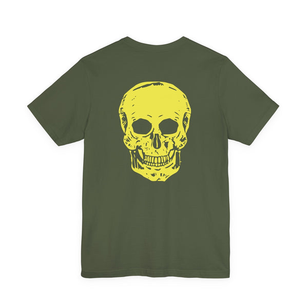 Olive green tee with a large yellow skull graphic on the back, underground street style design.