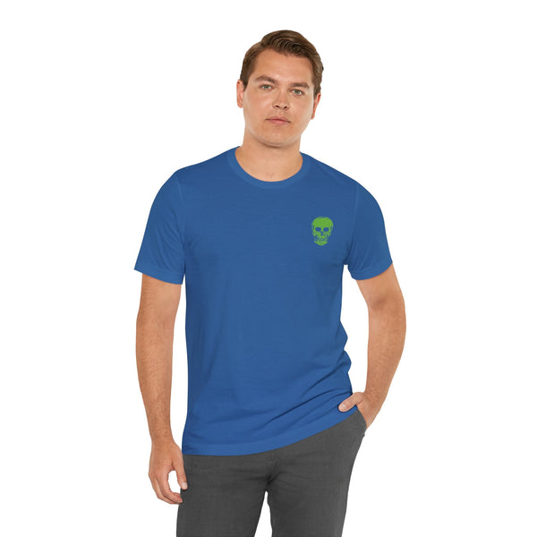 blue streetwear t shirt with small green skull graphic on chest worn by male model