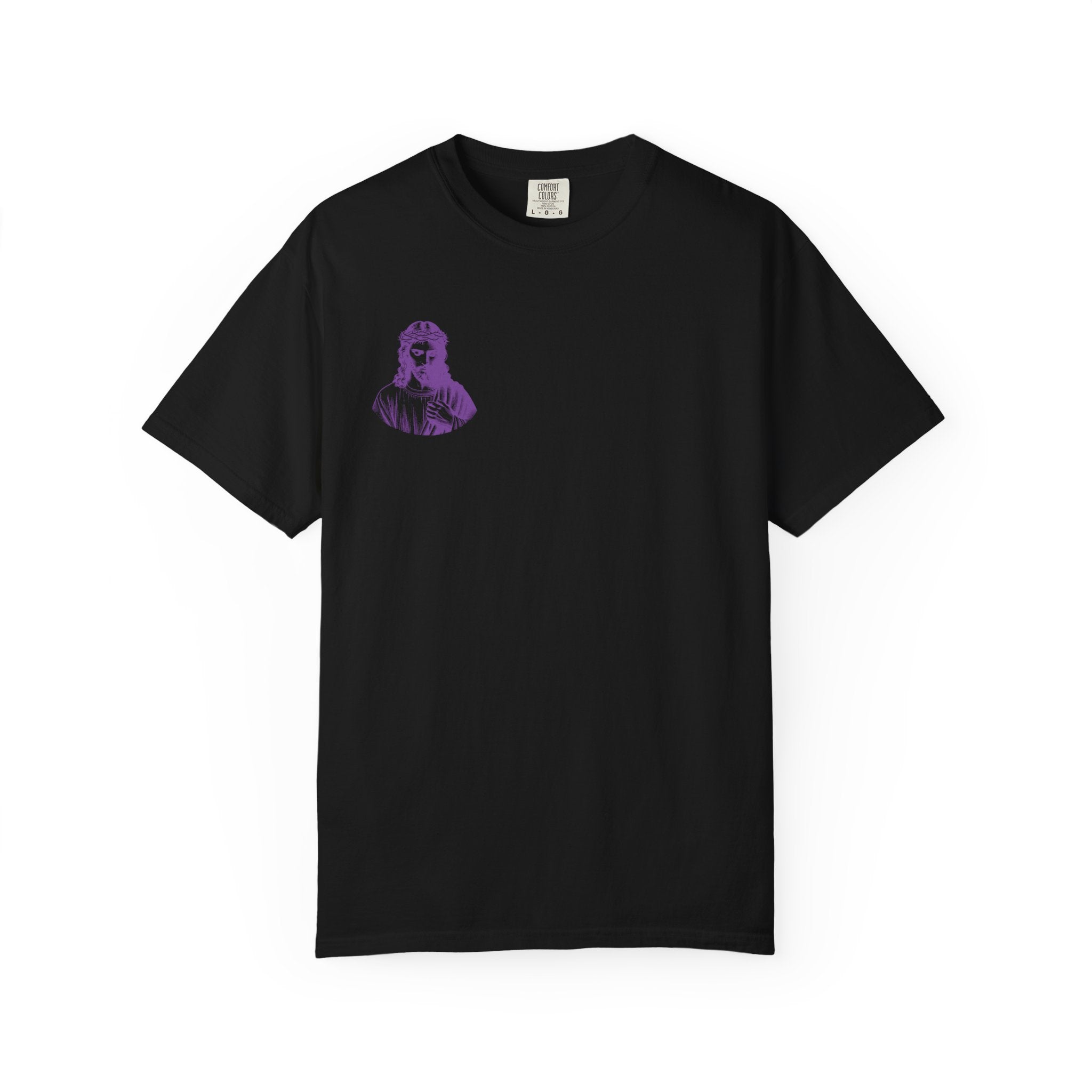 Black tee with a small purple Jesus graphic on the front left chest