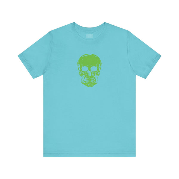 Light blue cotton t-shirt with bold green skull graphic on front, streetwear style