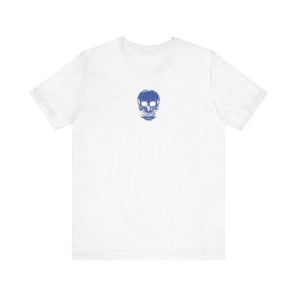 white graphic t shirt with small blue skull design on chest by Sandra Oles
