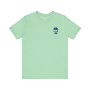 Mint green unisex rocker tee with small blue skull graphic on front left chest