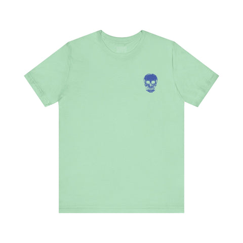 Mint green unisex rocker tee with small blue skull graphic on front left chest