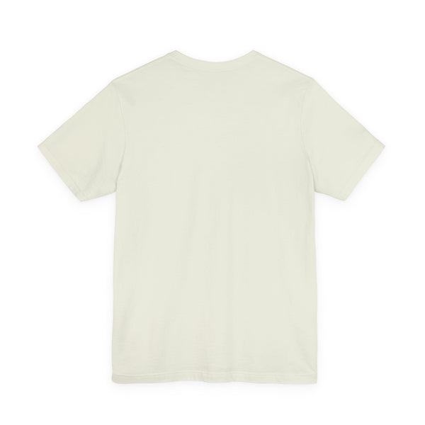 back view of plain white graphic t shirt with short sleeves and ribbed neckline