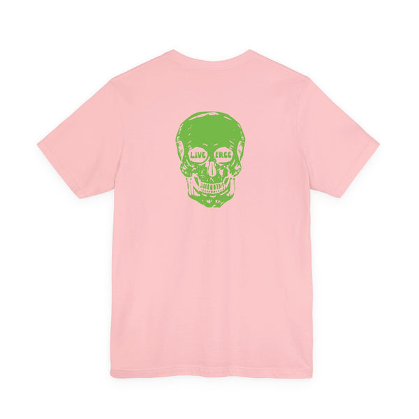 Pink skull print t-shirt with green "Live Free" skull graphic on back