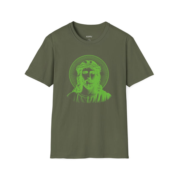 green spiritual shirt with glowing Jesus halo graphic front print