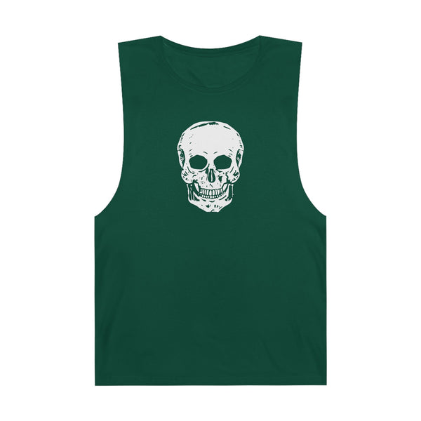 Green sleeveless tank top with bold white skull graphic on front, casual streetwear style.