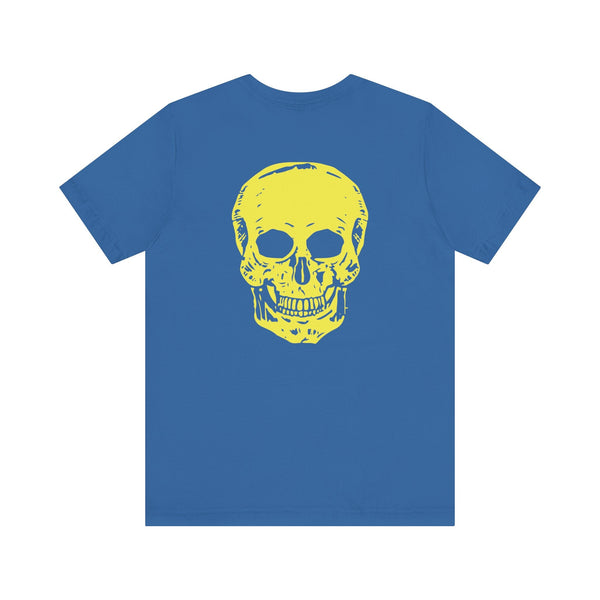 blue t-shirt with large yellow skull graphic on back underground style streetwear