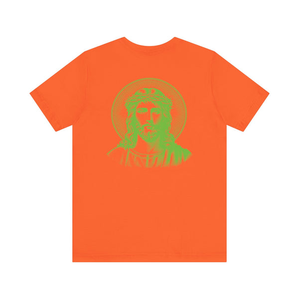 Orange Jesus graphic tee with green jumbo halo print on back and small green Jesus front left print