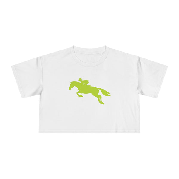 White hunter jumper cropped t shirt with lime green horse and rider graphic mid-jump