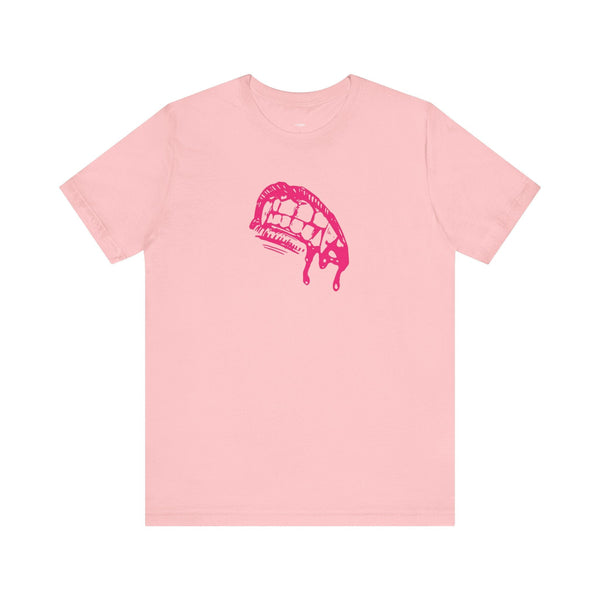 Pink vampire t shirt with bold pink dripping fangs graphic for edgy streetwear style