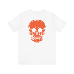 white tee with large orange skull graphic on back and small orange skull front print cool skull shirts