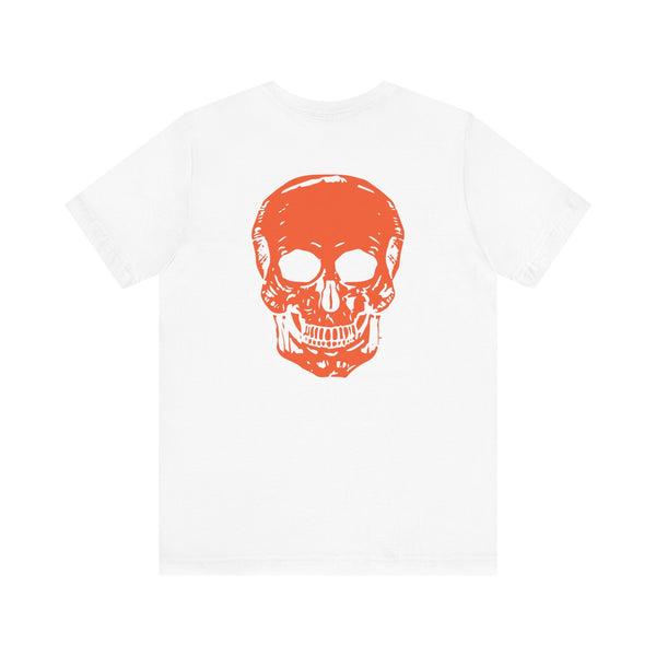 white tee with large orange skull graphic on back and small orange skull front print cool skull shirts