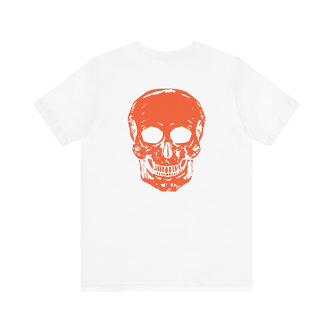 white tee with large orange skull graphic on back and small orange skull front print cool skull shirts