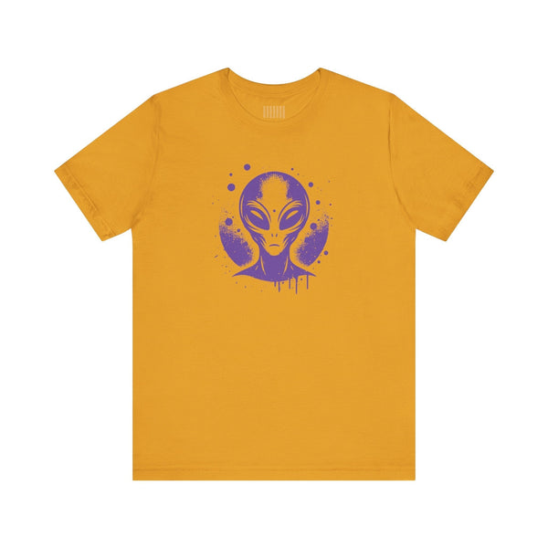 Mustard yellow unisex tee with purple cosmic alien graphic from Fugitive Tees collection.