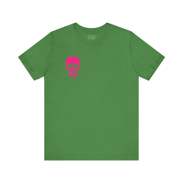 Green punk rock t-shirt with a bold pink skull print on the left chest.