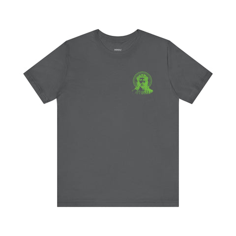 Dark gray t-shirt with small green Jesus graphic and halo on left chest, unisex cotton tee by Sandra Oles.