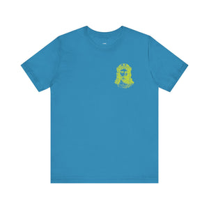 Blue Jesus t-shirt with lime green mini Jesus graphic on front left chest