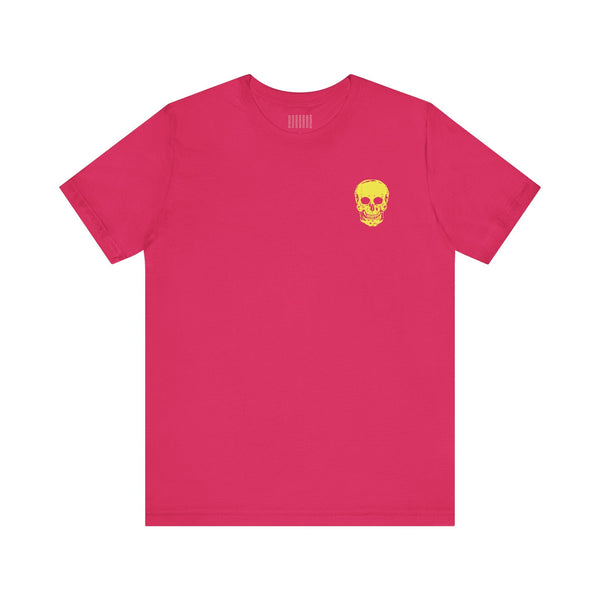 Red streetwear tee shirt with yellow mini skull graphic on left chest