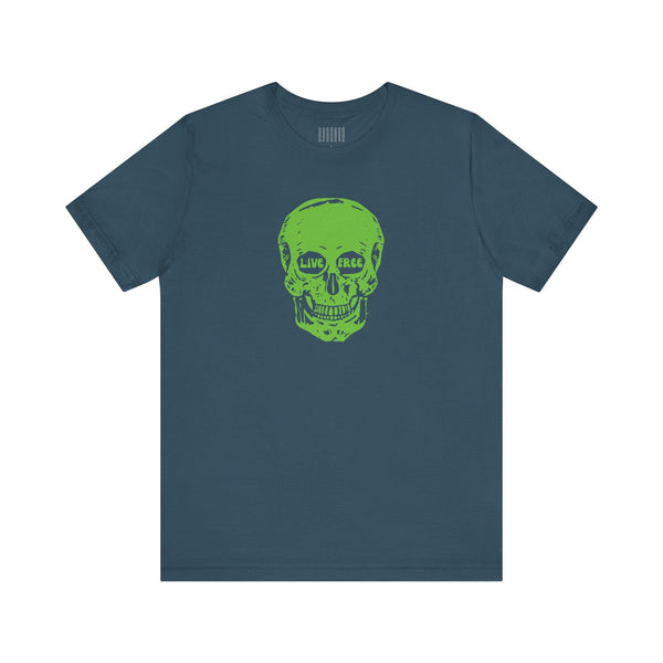 green skull print t-shirt with live free graphic on front
