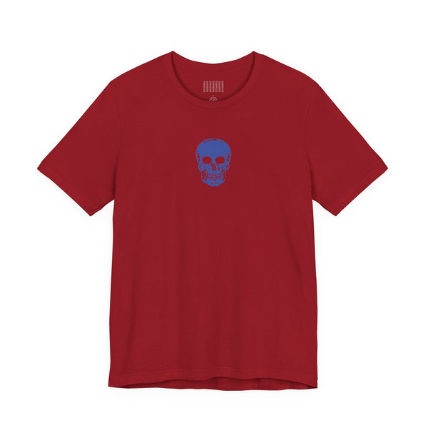 Red graphic t shirt with blue mini skull design at center front