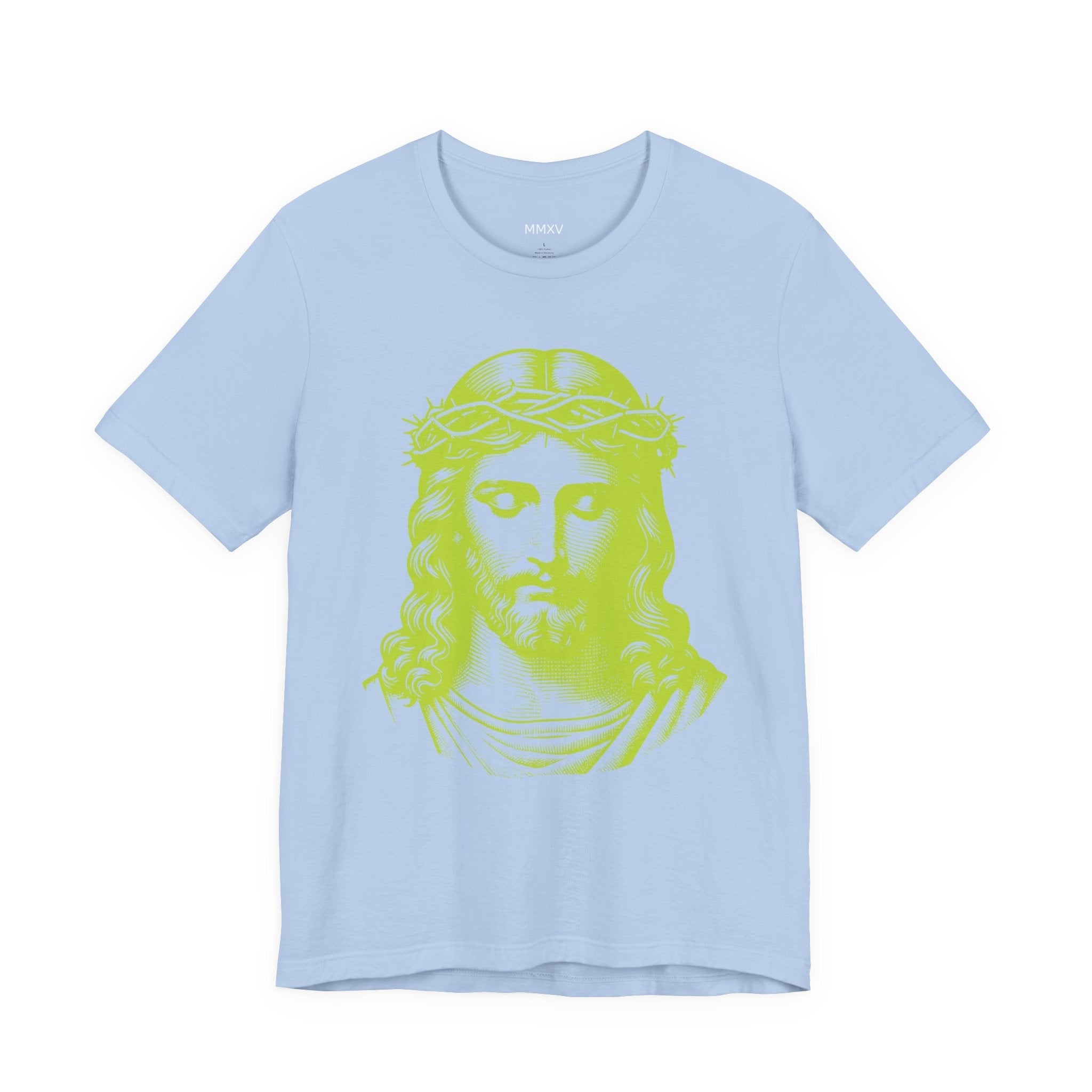 Light blue t-shirt with jumbo lime green Jesus graphic and ribbed collar, made of breathable cotton.