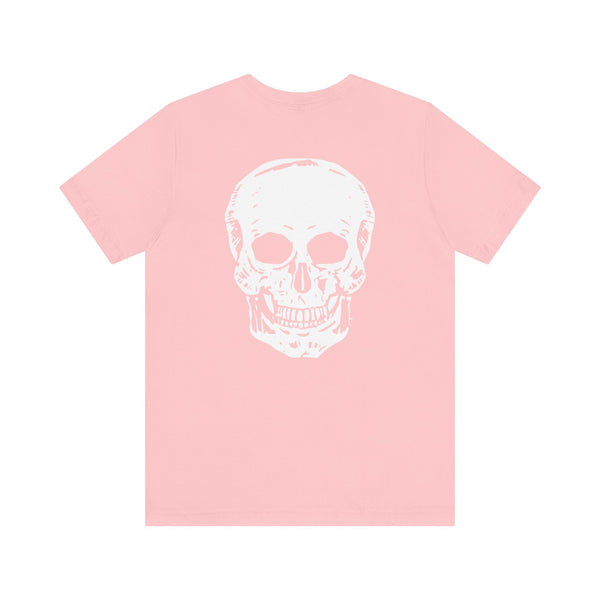 Pink cotton t-shirt with a large white skull graphic on the back