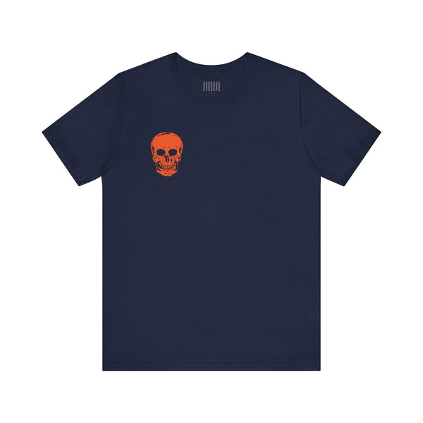 Orange Jumbo Skull Back Print featuring a Mini Orange Skull left Front Graphic Tee